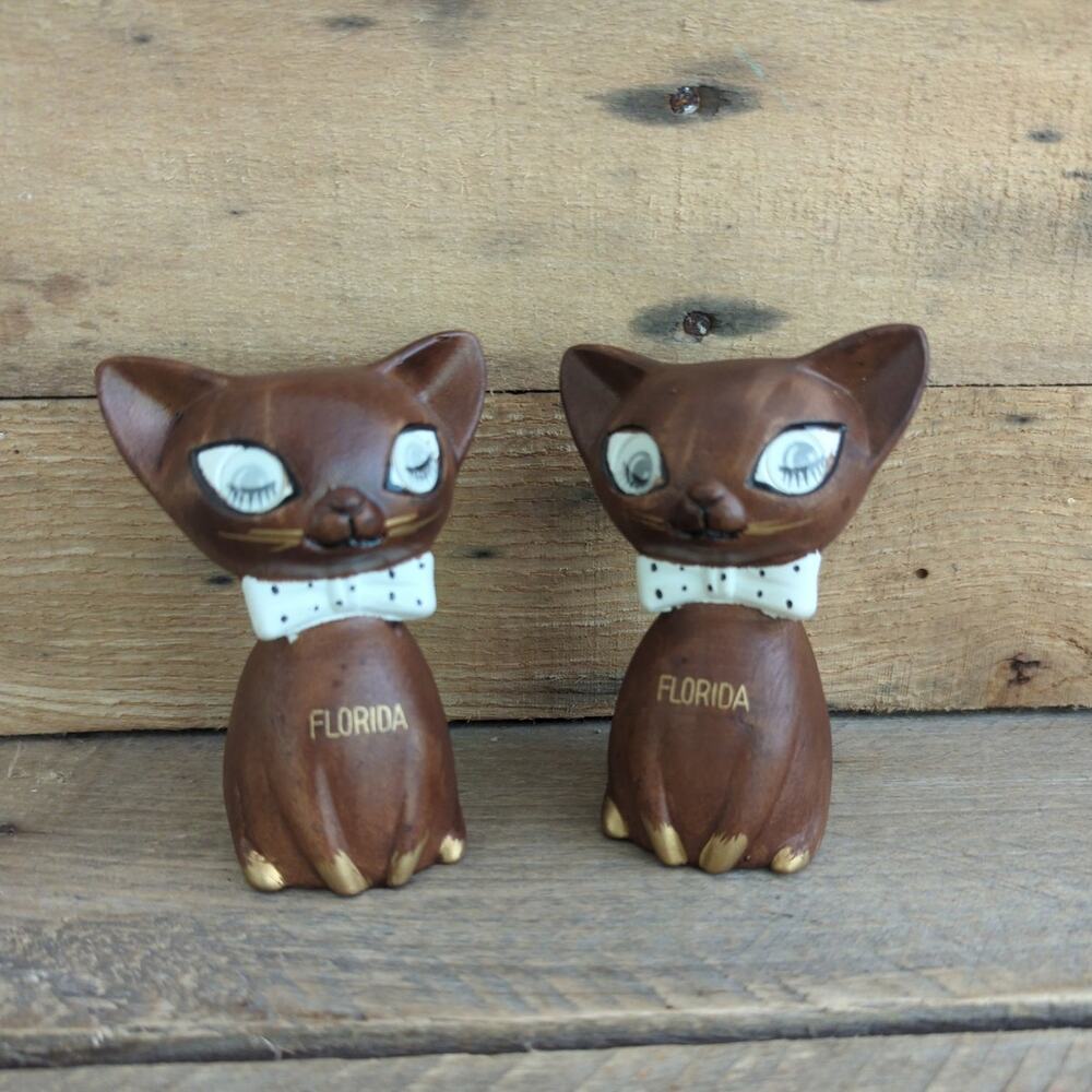 Vtg 1950s Kitschy Lenticular Eyed Brown Atomic Siamese Cat Salt & Pepper Shakers